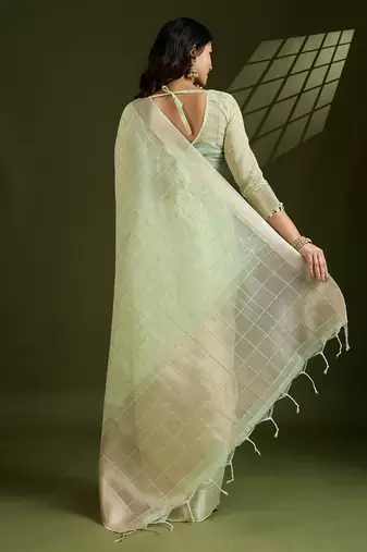 Light Green Color All Over Gota-patti Weaves Checks Work Tissue Linen Silk Saree 