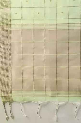 Light Green Color All Over Gota-patti Weaves Checks Work Tissue Linen Silk Saree 
