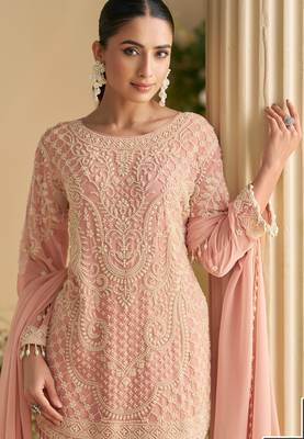 Light pink embroidery stone & beads work georgette straight pant suit - free size(size upto 42") 2