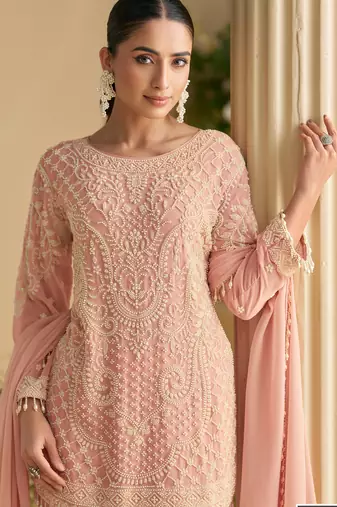 Light pink embroidery stone & beads work georgette straight pant suit - free size(size upto 42")