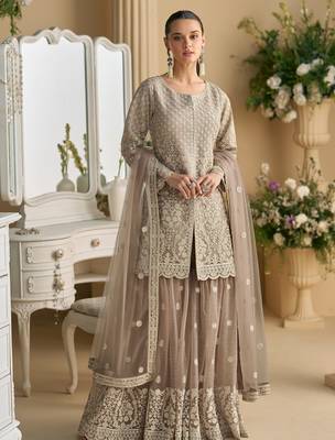Grey embroidery, stone & beads work georgette a-line kurti sharara suit - free size stitching (size upto 42") 1