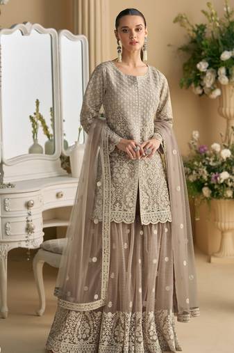 Grey embroidery, stone & beads work georgette a-line kurti sharara suit - free size stitching (size upto 42")