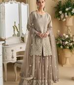 Grey embroidery, stone & beads work georgette a-line kurti sharara suit - free size stitching (size upto 42")