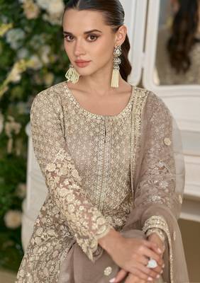 Grey embroidery, stone & beads work georgette a-line kurti sharara suit - free size stitching (size upto 42") 2