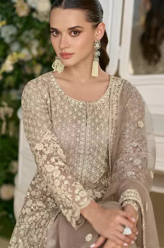 Grey embroidery, stone & beads work georgette a-line kurti sharara suit - free size stitching (size upto 42")
