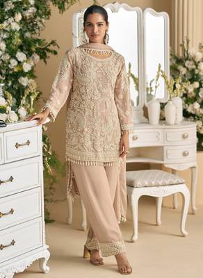 Pastel mauve embroidery stone & beads work georgette straight pant suit - free size(size upto 42") 1