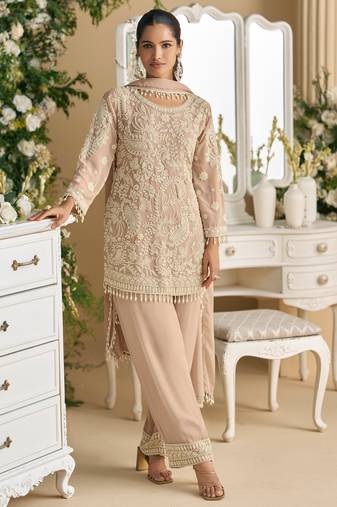 Pastel mauve embroidery, stone & beads work georgette straight pant suit - free size stitching (size upto 42")