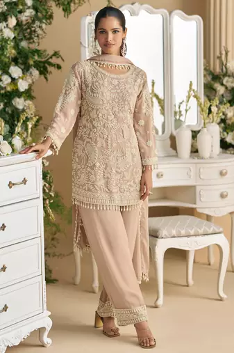 Pastel mauve embroidery, stone & beads work georgette straight pant suit - free size stitching (size upto 42")