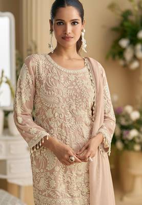 Pastel mauve embroidery stone & beads work georgette straight pant suit - free size(size upto 42") 2