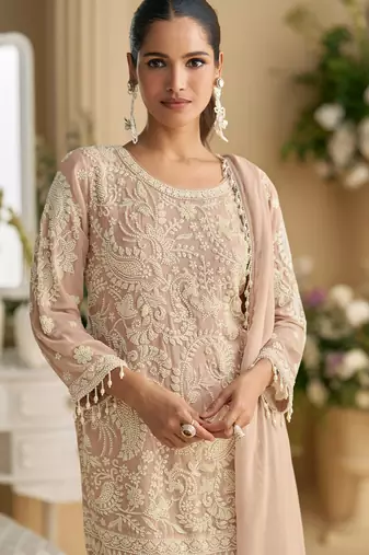 Pastel mauve embroidery stone & beads work georgette straight pant suit - free size(size upto 42")