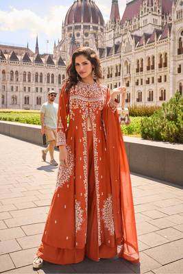 Orange embroidery  stone & sequins work silk front cut anarkali palazzo suit - free size stitching (size upto 42") 1