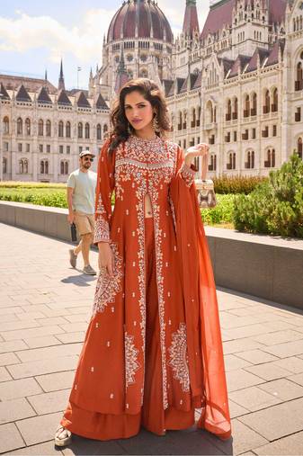 Orange embroidery  stone & sequins work silk front cut anarkali palazzo suit - free size stitching (size upto 42")