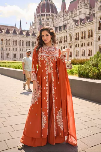 Orange embroidery  stone & sequins work silk front cut anarkali palazzo suit - free size stitching (size upto 42")
