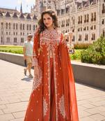Orange embroidery  stone & sequins work silk front cut anarkali palazzo suit - free size stitching (size upto 42")