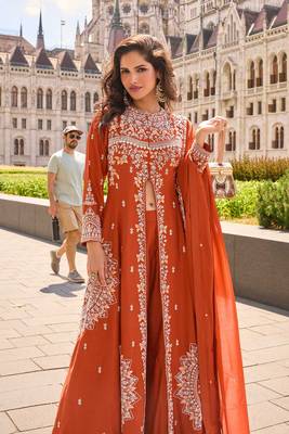 Orange embroidery  stone & sequins work silk front cut anarkali palazzo suit - free size stitching (size upto 42") 2