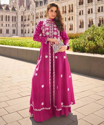 Pink embroidery  stone & sequins work silk front cut anarkali palazzo suit - free size stitching (size upto 42") 1