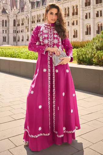 Pink embroidery  stone & sequins work silk front cut anarkali palazzo suit - free size stitching (size upto 42")