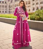Pink embroidery  stone & sequins work silk front cut anarkali palazzo suit - free size stitching (size upto 42")