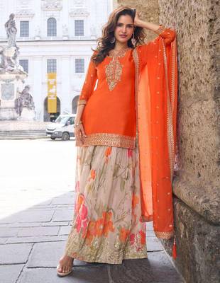 Orange embroidery, sequins work & digital printed chinnon straight palazzo suit - free size stitching (size upto 42") 1