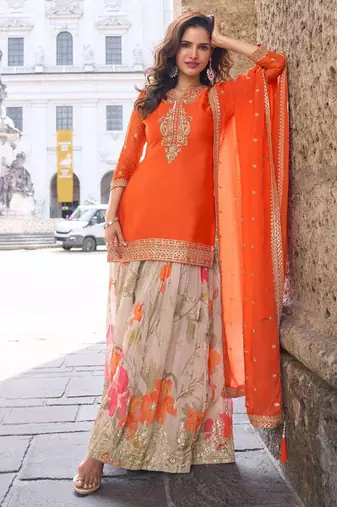 Orange embroidery, sequins work & digital printed chinnon straight palazzo suit - free size stitching (size upto 42")