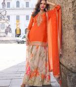 Orange embroidery, sequins work & digital printed chinnon straight palazzo suit - free size stitching (size upto 42")
