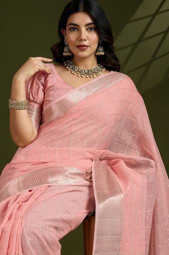 Peach Color All Over Gota-patti Weaves Checks Work Tissue Linen Silk Saree 