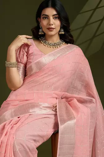 Peach Color All Over Gota-patti Weaves Checks Work Tissue Linen Silk Saree 