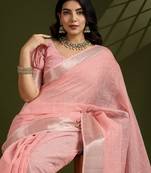 Peach Color All Over Gota-patti Weaves Checks Work Tissue Linen Silk Saree 