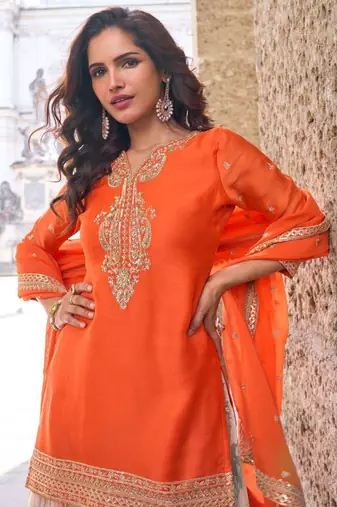 Orange embroidery, sequins work & digital printed chinnon straight palazzo suit - free size stitching (size upto 42")