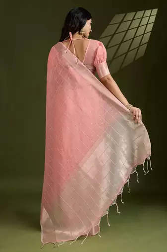 Peach Color All Over Gota-patti Weaves Checks Work Tissue Linen Silk Saree 