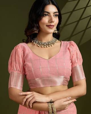 Peach Color All Over Gota-patti Weaves Checks Work Tissue Linen Silk Saree  4