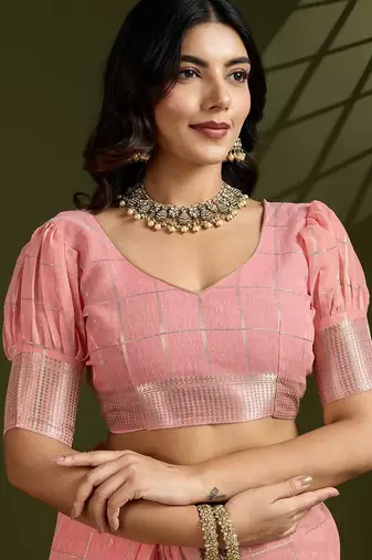 Peach Color All Over Gota-patti Weaves Checks Work Tissue Linen Silk Saree 