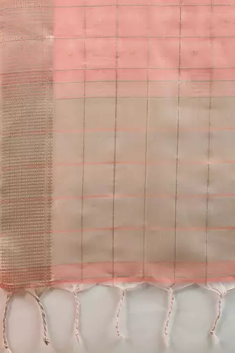 Peach Color All Over Gota-patti Weaves Checks Work Tissue Linen Silk Saree 