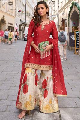 Red embroidery sequins work & digital printed chinnon straight sharara suit - free size stitching (size upto 42") 1