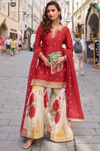 Red embroidery sequins work & digital printed chinnon straight sharara suit - free size stitching (size upto 42")
