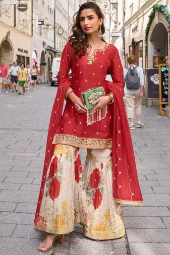 Red embroidery sequins work & digital printed chinnon straight sharara suit - free size stitching (size upto 42")