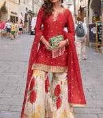 Red embroidery sequins work & digital printed chinnon straight sharara suit - free size stitching (size upto 42")