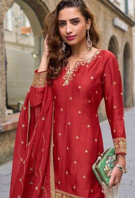 Red embroidery sequins work & digital printed chinnon straight sharara suit - free size stitching (size upto 42") 2