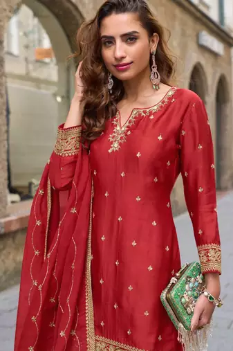 Red embroidery sequins work & digital printed chinnon straight sharara suit - free size stitching (size upto 42")
