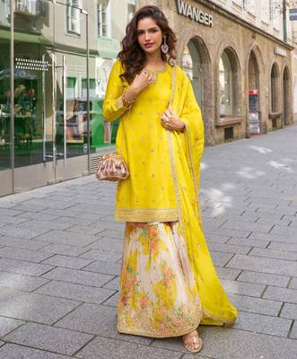 Yellow embroidery sequins work & digital printed chinnon straight sharara suit - free size stitching (size upto 42") 1
