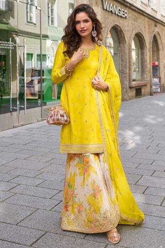 Yellow embroidery sequins work & digital printed chinnon straight sharara suit - free size stitching (size upto 42")