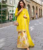 Yellow embroidery sequins work & digital printed chinnon straight sharara suit - free size stitching (size upto 42")