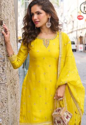 Yellow embroidery sequins work & digital printed chinnon straight sharara suit - free size stitching (size upto 42") 2
