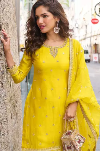 Yellow embroidery sequins work & digital printed chinnon straight sharara suit - free size stitching (size upto 42")