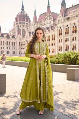 Mehendi green embroidery & sequins work silk front cut anarkali palazzo suit - free size stitching (size upto 42") 1