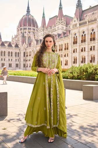 Mehendi green embroidery & sequins work silk front cut anarkali palazzo suit - free size stitching (size upto 42")