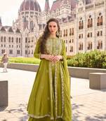 Mehendi green embroidery & sequins work silk front cut anarkali palazzo suit - free size stitching (size upto 42")