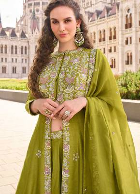 Mehendi green embroidery & sequins work silk front cut anarkali palazzo suit - free size stitching (size upto 42") 2