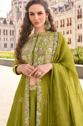 Mehendi green embroidery & sequins work silk front cut anarkali palazzo suit - free size stitching (size upto 42")