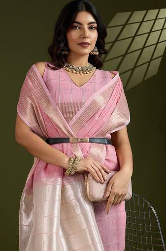 Pink Color All Over Gota-patti Weaves Checks Work Tissue Linen Silk Saree 